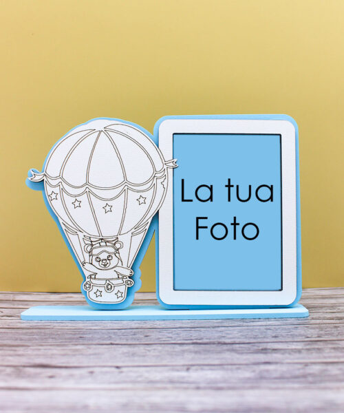 Bomboniera Portafoto con Orsetto su Mongolfiera - Colore Azzurro