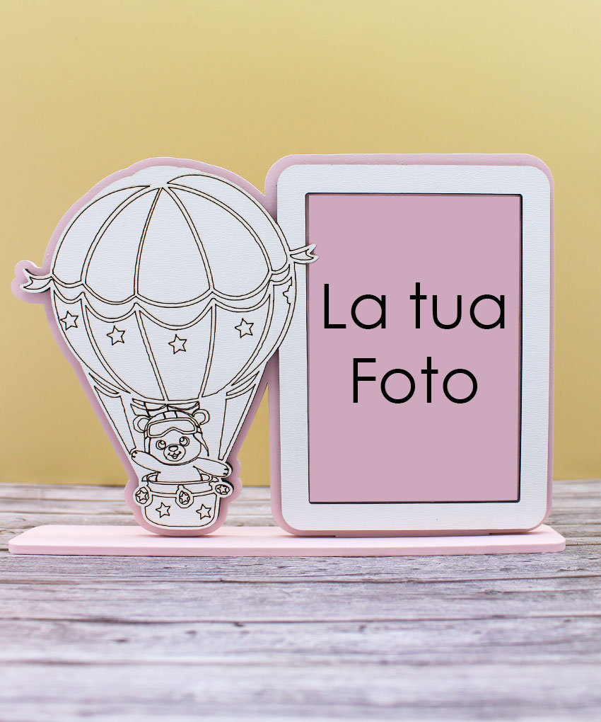 Bomboniera Portafoto con Orsetto su Mongolfiera - Colore Rosa