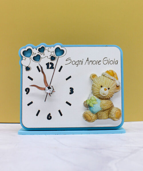 Bomboniera Orologio con Orsetto in Plex - Colore Celeste