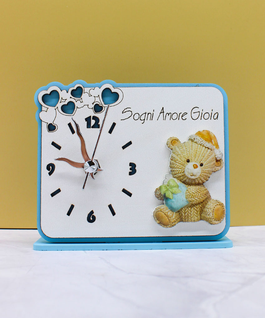 Bomboniera Orologio con Orsetto in Plex - Colore Celeste