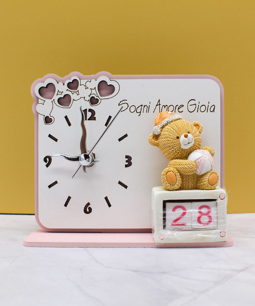 Bomboniera Orologio con Orsetto e Datario - Colore Rosa