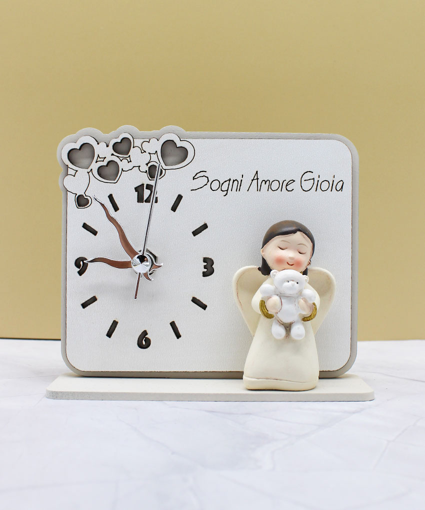 Bomboniera Orologio in Legno Intagliato con Angioletto - Colore Sabbia