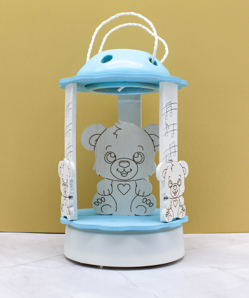 Bomboniera Carillon Lanterna a Luce LED con Orsetto - Colore Celeste