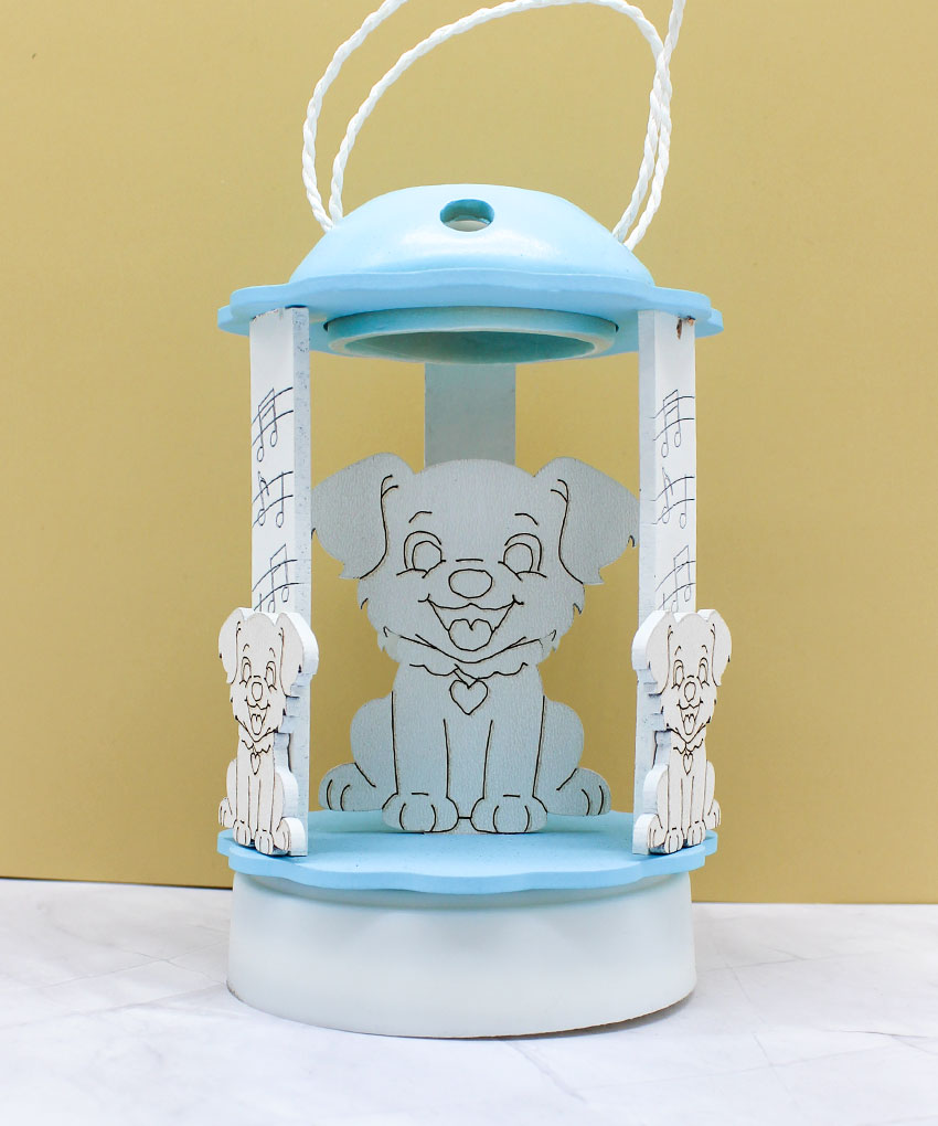 Bomboniera Carillon Lanterna a Luce LED con Cagnolino - Colore Celeste