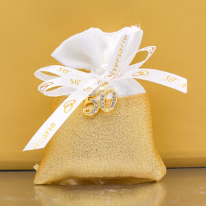 Sacchettino Bomboniera Bianco e Oro 50° Anniversario con Strass e Fede