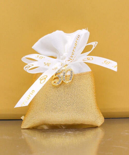 Sacchettino Bomboniera Bianco e Oro 50° Anniversario con Strass e Fede