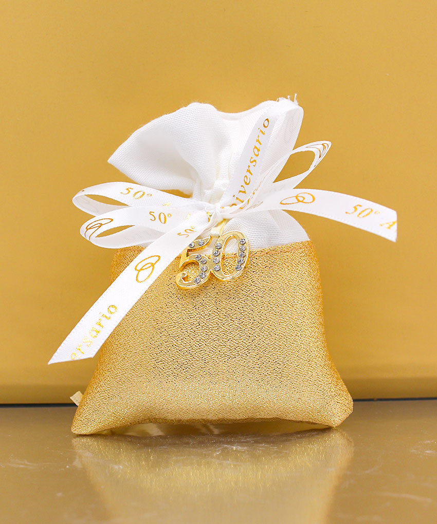 Sacchettino Bomboniera Bianco e Oro 50° Anniversario con Strass e Fede
