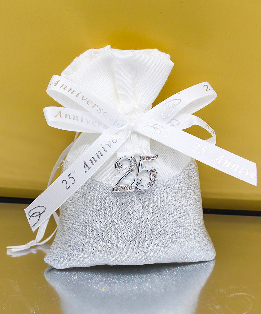 Sacchettino Bomboniera 25° Anniversario Bianco e Argento con Applicazione Silver e Strass