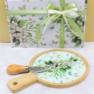 TAGLIERE IN LEGNO CON PIANO IN VETRO FLOWERS WHITE + COLTELLINO TAGLIA FORMAGGIO – Bomboniera Completa di Confezione