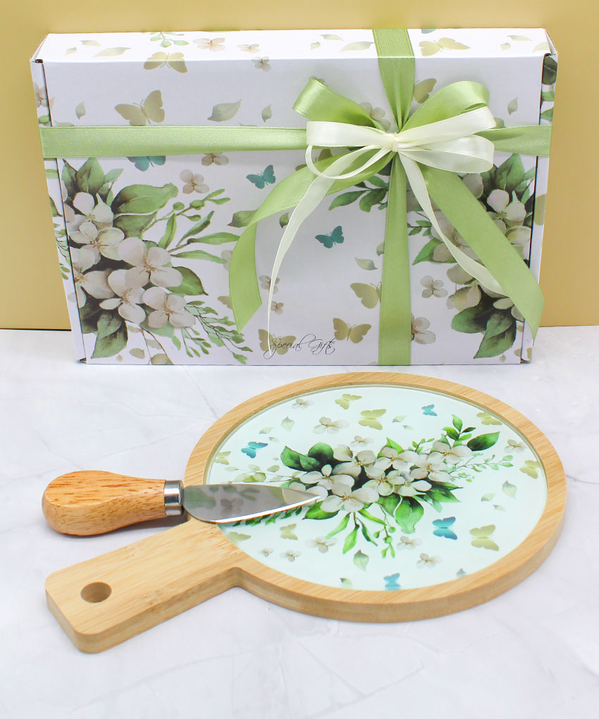 TAGLIERE IN LEGNO CON PIANO IN VETRO FLOWERS WHITE + COLTELLINO TAGLIA FORMAGGIO – Bomboniera Completa di Confezione