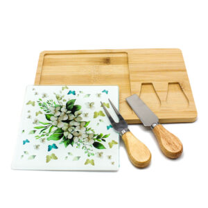 Bomboniera tagliere formaggi legno vetro flowers white con coltelli