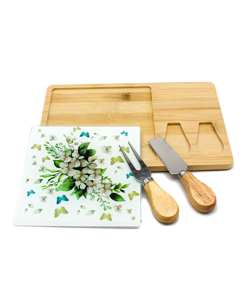 Bomboniera tagliere formaggi legno vetro flowers white con coltelli