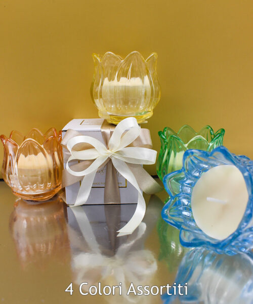 Bomboniera candela vetro forma fiore colori assortiti