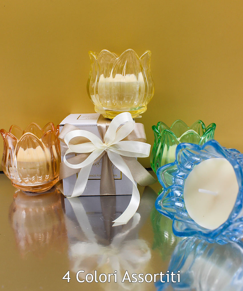 Bomboniera candela vetro forma fiore colori assortiti