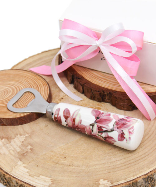 P52 – APRIBOTTIGLIE DECORO FLOREALE IN PORCELLANA E METALLO 14,5 cm – Bomboniera Completa di Confezione