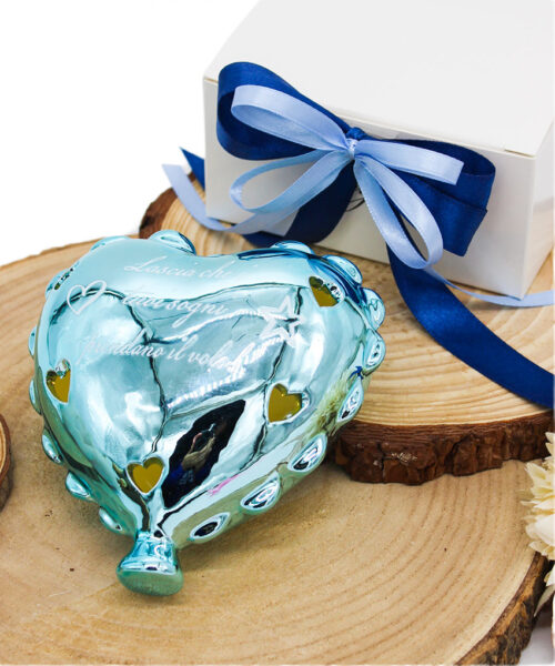 BOMBONIERA CUORE PALLONCINO GRANDE CELESTE FINITURA LUCIDA SPECCHIATA CON LUCE LED E SCRITTA – Bomboniera Completa di Confezione