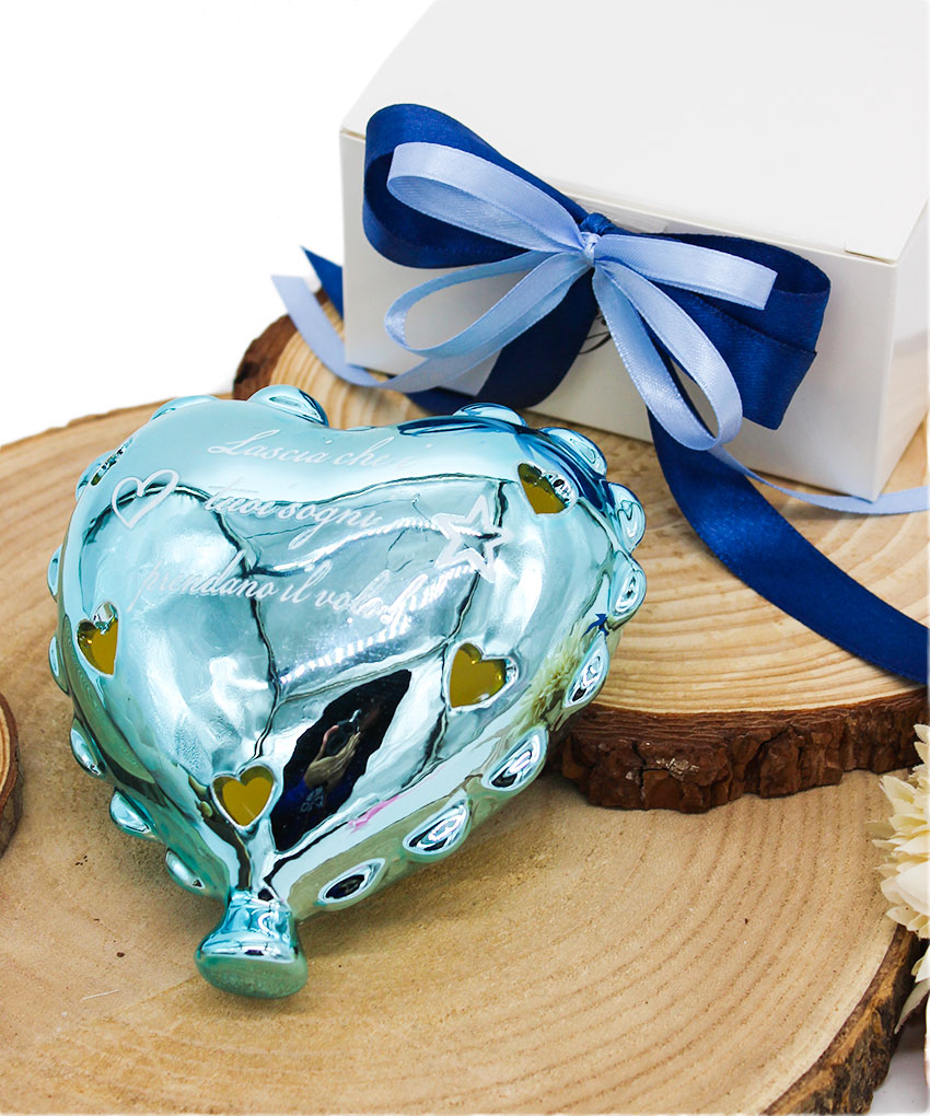 BOMBONIERA CUORE PALLONCINO GRANDE CELESTE FINITURA LUCIDA SPECCHIATA CON LUCE LED E SCRITTA – Bomboniera Completa di Confezione