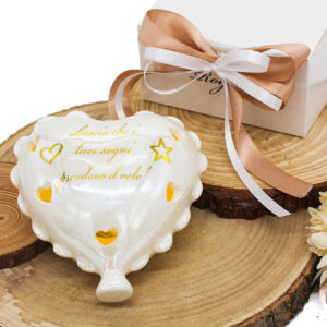 BOMBONIERA CUORE PALLONCINO GRANDE BIANCO MADREPERLA CON LUCE LED E SCRITTA ORO – Bomboniera Completa di Confezione