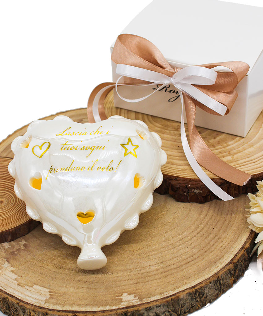 BOMBONIERA CUORE PALLONCINO GRANDE BIANCO MADREPERLA CON LUCE LED E SCRITTA ORO – Bomboniera Completa di Confezione