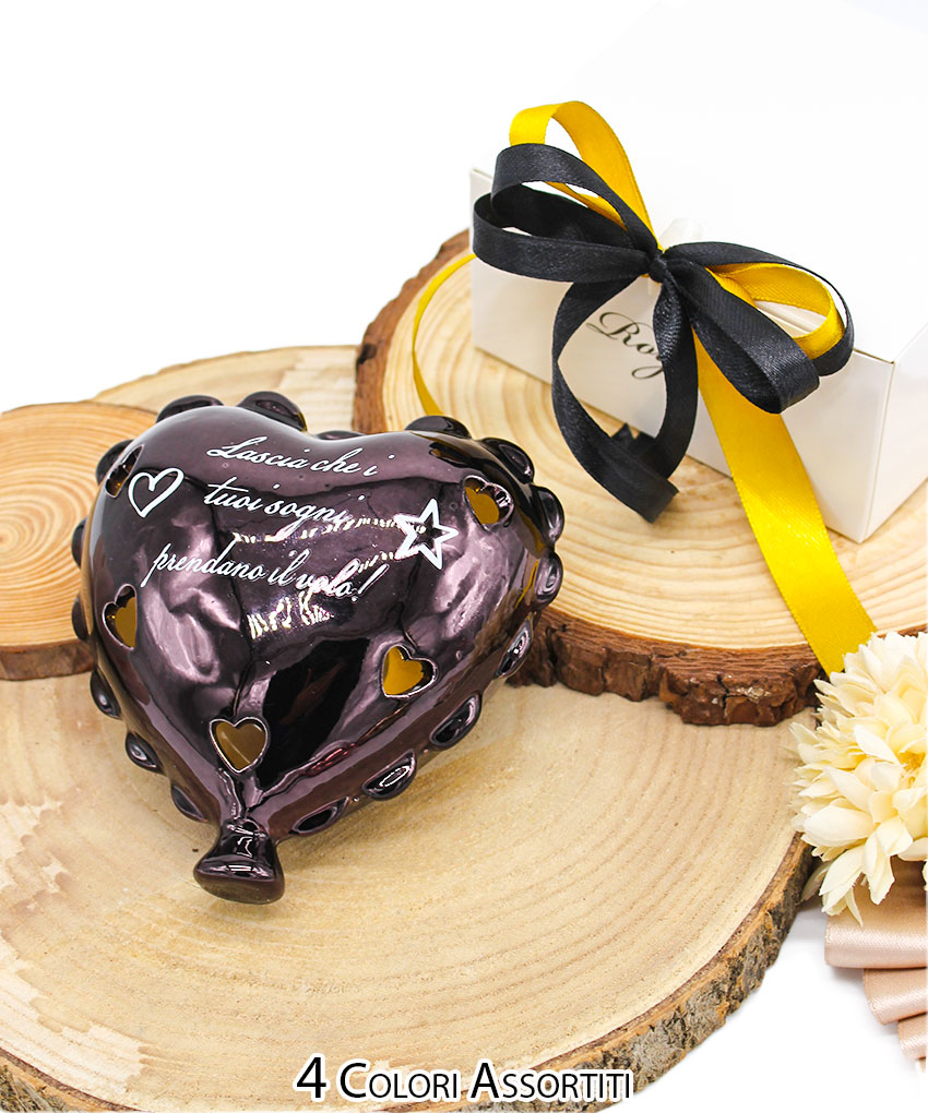 CUORE PALLONCINO GRANDE 4 COLORI ASSORTITI (ARGENTO, ORO, RAME, ROSA GOLD) FINITURA LUCIDA SPECCHIATA CON LUCE LED E SCRITTA BIANCA – Bomboniera Completa di Confezione