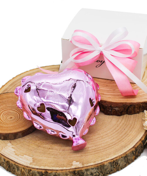 CUORE PALLONCINO GRANDE ROSA FINITURA LUCIDA SPECCHIATA CON LUCE LED E SCRITTA – Bomboniera Completa di Confezione