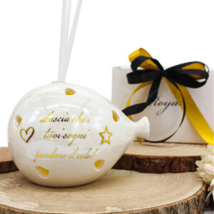 P63B – PROFUMATORE PALLONCINO LED BIANCO EFFETTO MADREPERLA CON FRASE – Bomboniera Completa di Confezione