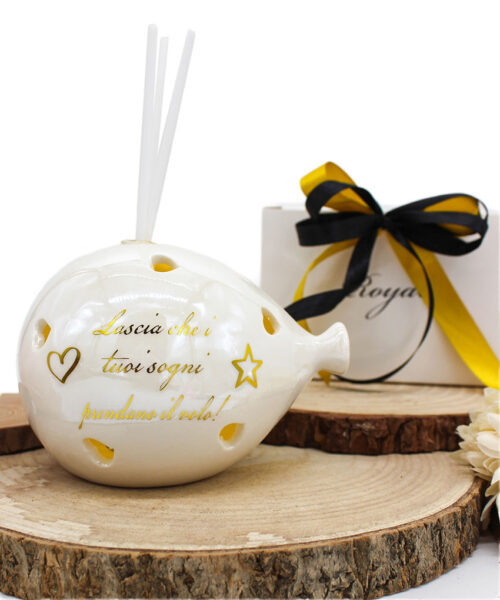 P63B – PROFUMATORE PALLONCINO LED BIANCO EFFETTO MADREPERLA CON FRASE – Bomboniera Completa di Confezione