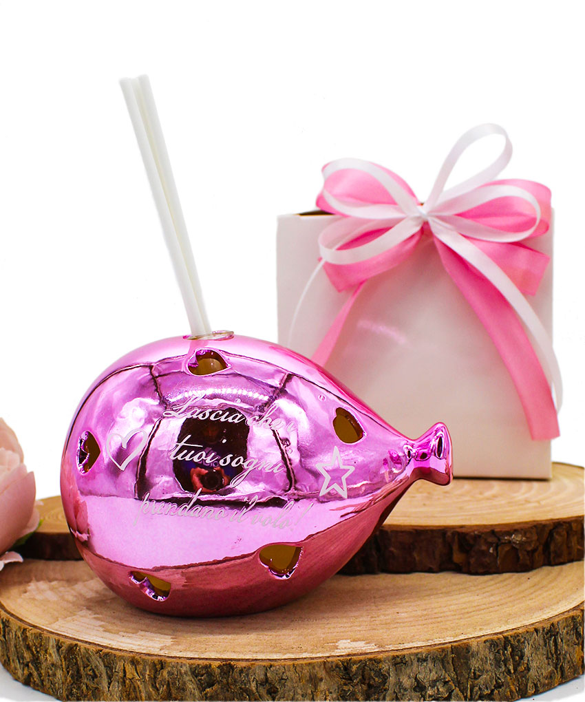 P63R – PROFUMATORE PALLONCINO LED ROSA FINITURA LUCIDA SPECCHIATA CON FRASE – Bomboniera Completa di Confezione