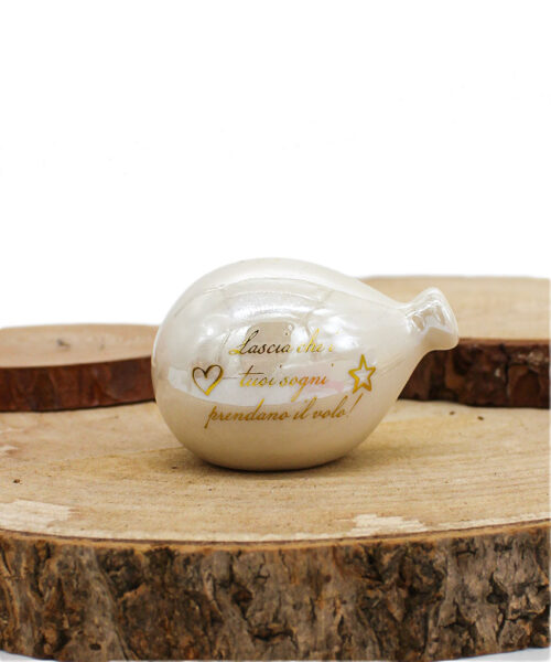 P64B Bomboniera Palloncino in Porcellana Bianco Effetto Madreperla con Frase