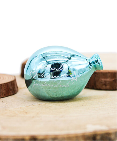 P64C Bomboniera Palloncino in Porcellana Celeste Lucido Specchiato con Frase