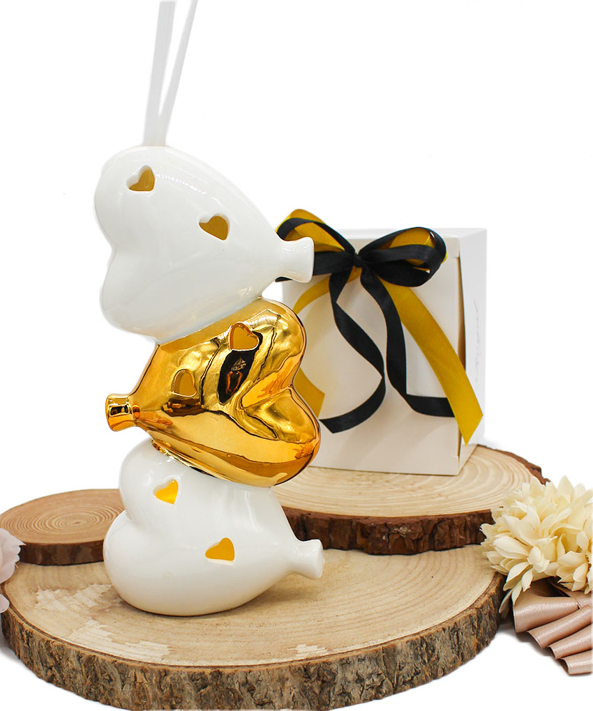 P65-ORO – PROFUMATORE CUORI IMPILATI BIANCO E ORO CON LUCE LED – Bomboniera Completa di Confezione