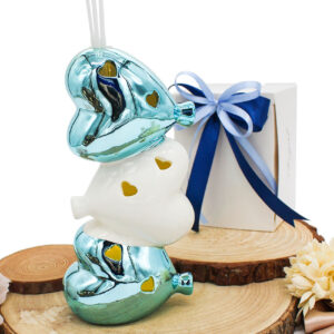 P65-ORO – PROFUMATORE CUORI IMPILATI BIANCO E CELESTE CON LUCE LED – Bomboniera Completa di Confezione