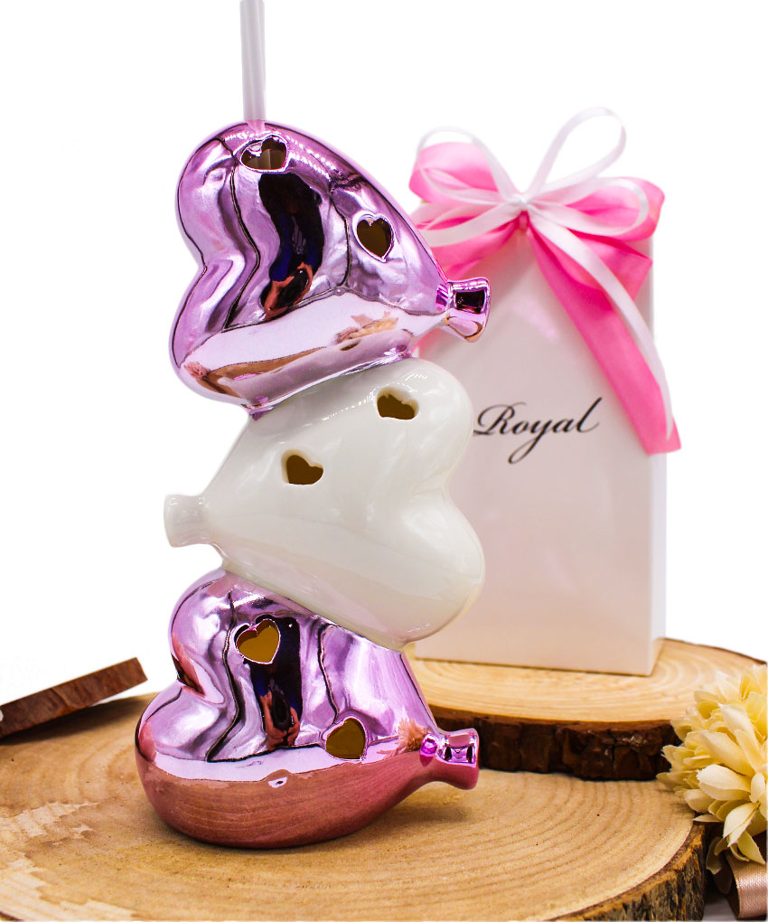 PROFUMATORE CUORI IMPILATI BIANCO E ROSA CON LUCE LED – Bomboniera Completa di Confezione