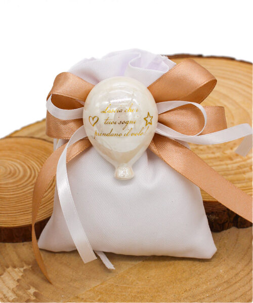 Bomboniera Magnete Palloncino in Porcellana Bianco Effetto Madreperla con Frase