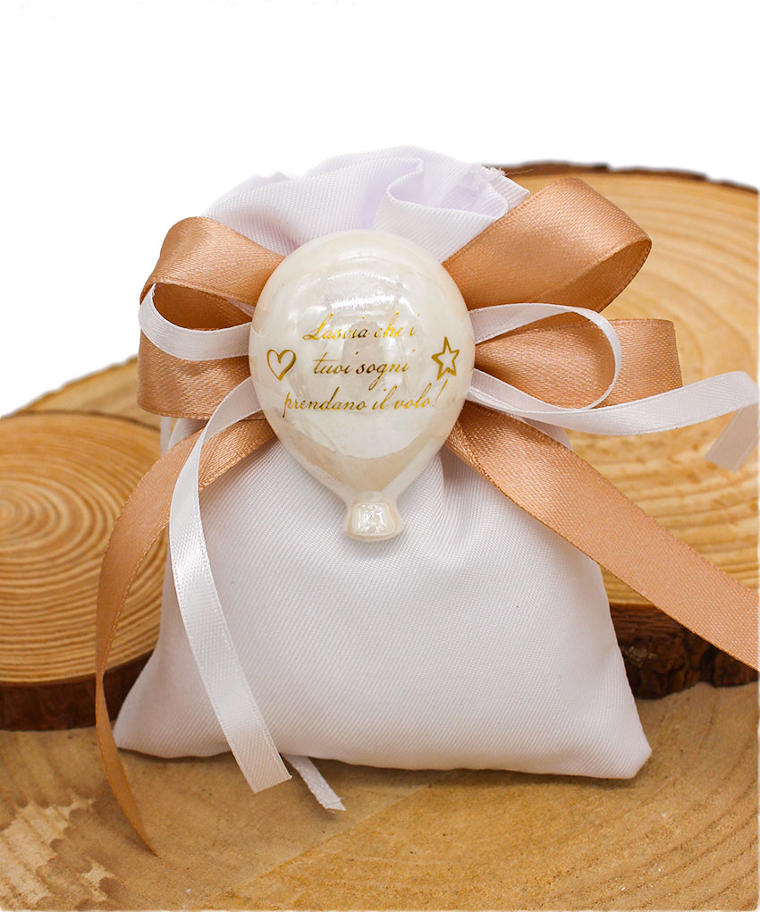 Bomboniera Magnete Palloncino in Porcellana Bianco Effetto Madreperla con Frase