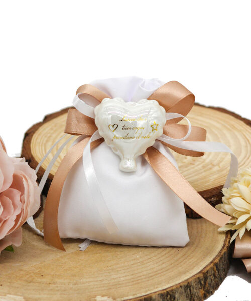 Bomboniera Magnete Cuore Palloncino in Porcellana Bianco Effetto Madreperla con Frase