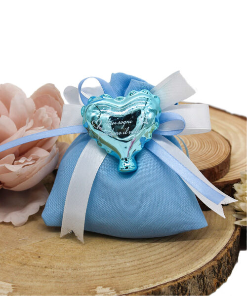 Bomboniera Magnete Cuore Palloncino in Porcellana Celeste Effetto Specchiato con Frase