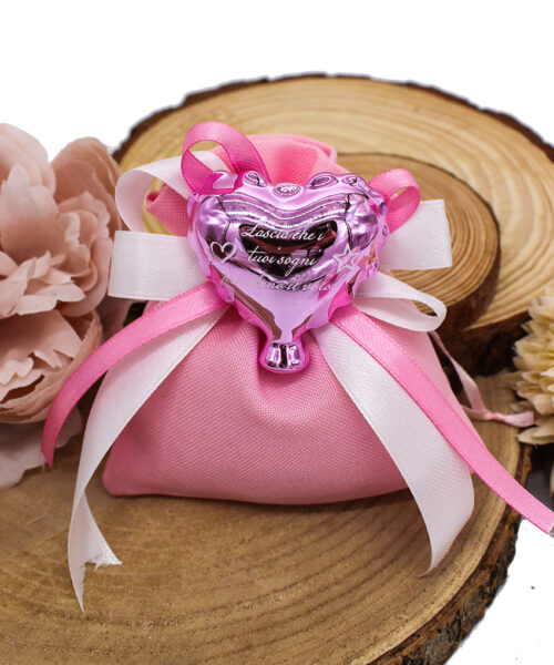 Bomboniera Magnete Cuore in Porcellana Rosa Effetto Specchiato con Frase