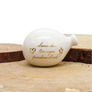 P72B Bomboniera Palloncino in Porcellana Bianco Opaco con Frase Oro