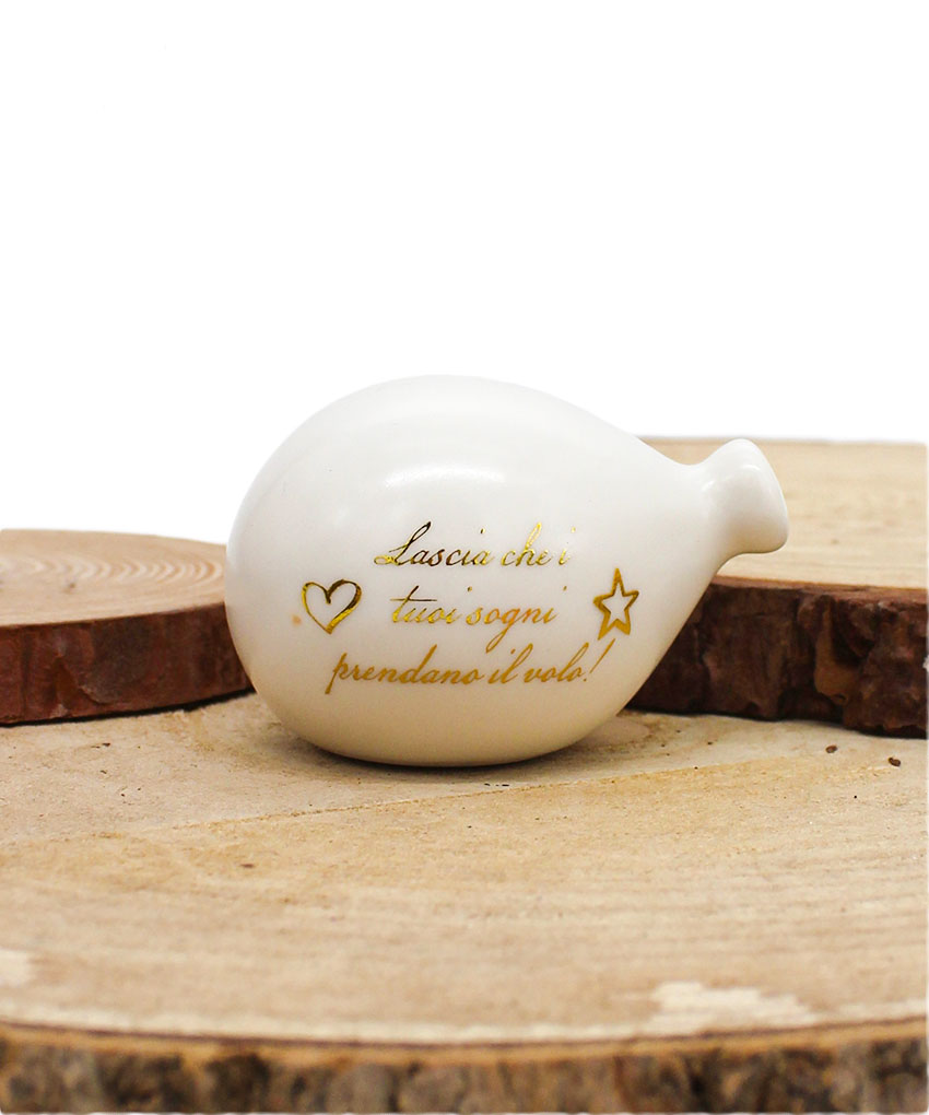 P72B Bomboniera Palloncino in Porcellana Bianco Opaco con Frase Oro