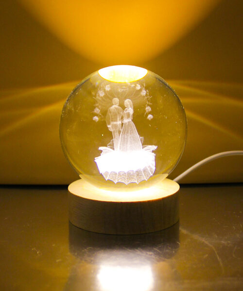 Bomboniera Lampada Sfera Grande in Vetro Incisione Laser Tema Matrimonio con Luce LED