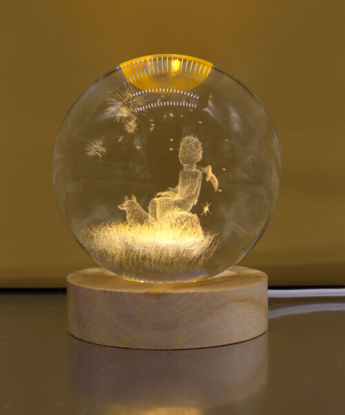 Bomboniera Lampada Sfera Piccolo Principe in Vetro con Luce LED e Base in Legno