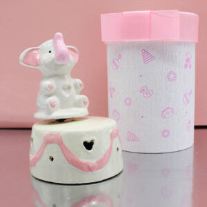 Bomboniera Carillon Elefantino Rosa in Resina con Box Cilindro Abbinato