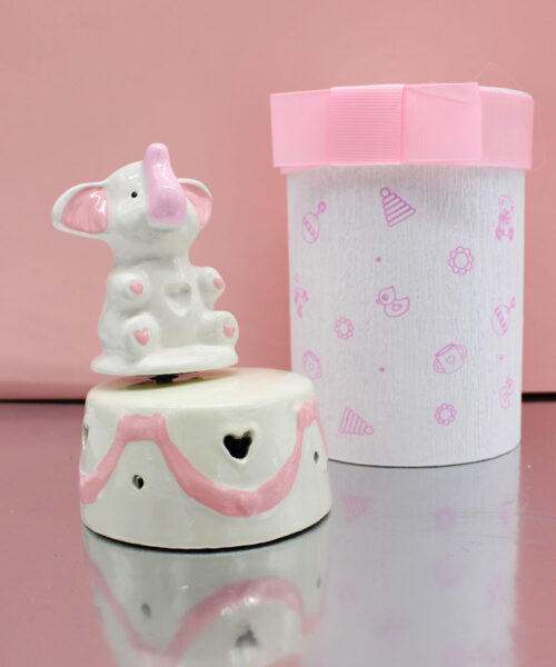 Bomboniera Carillon Elefantino Rosa in Resina con Box Cilindro Abbinato