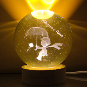 Bomboniera Lampada Sfera Piccolo Principe in Vetro con Luce LED e Base in Legno